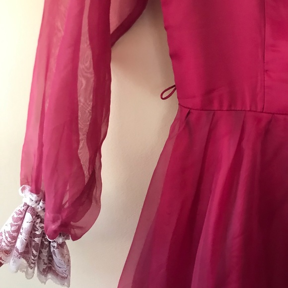 Vintage 70s Victorian Red White Lace Maxi Dress - Picture 5 of 11